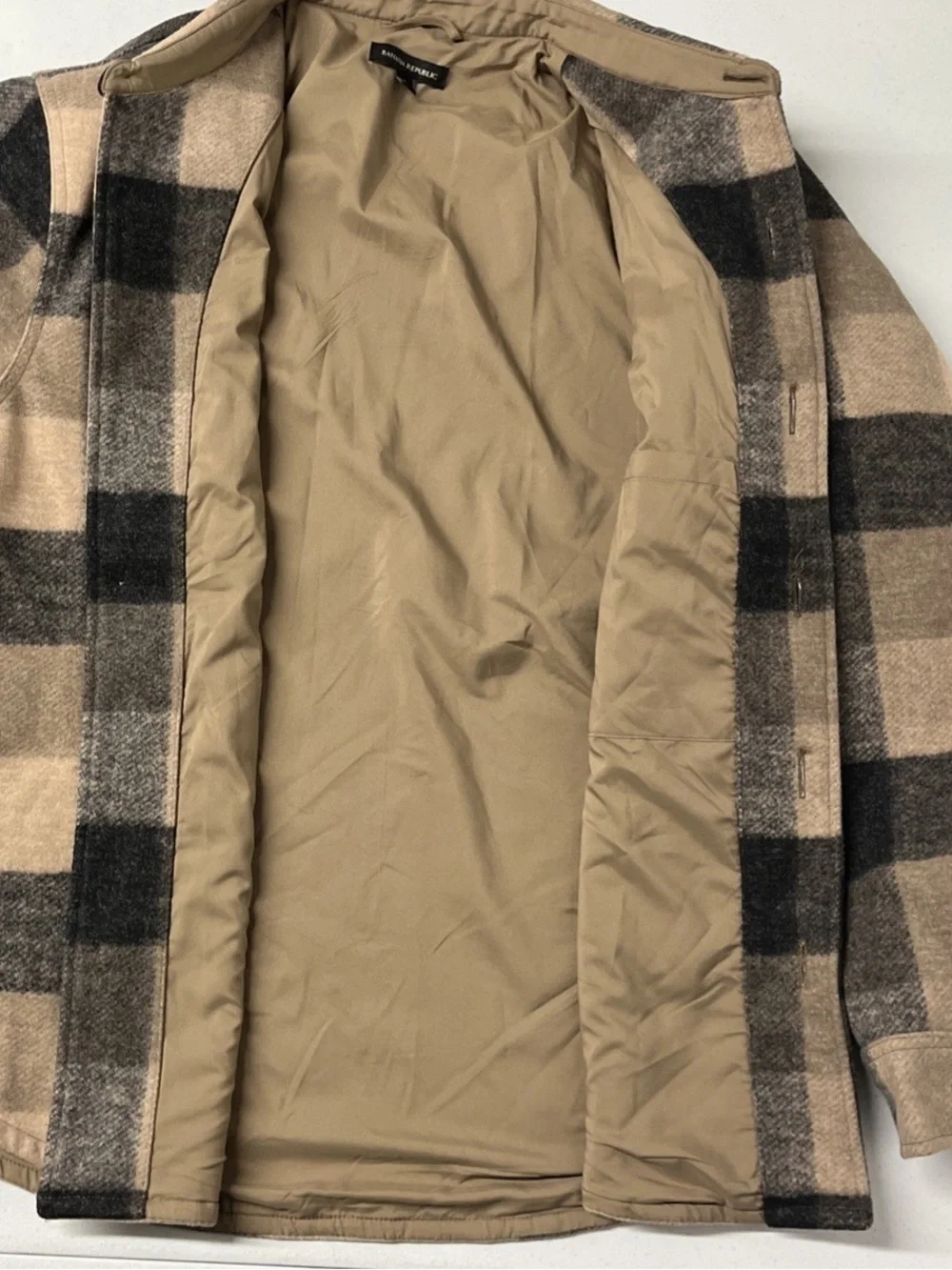 Banana Republic Men's Beige and Black Plaid Button-Up Shirt Jacket
